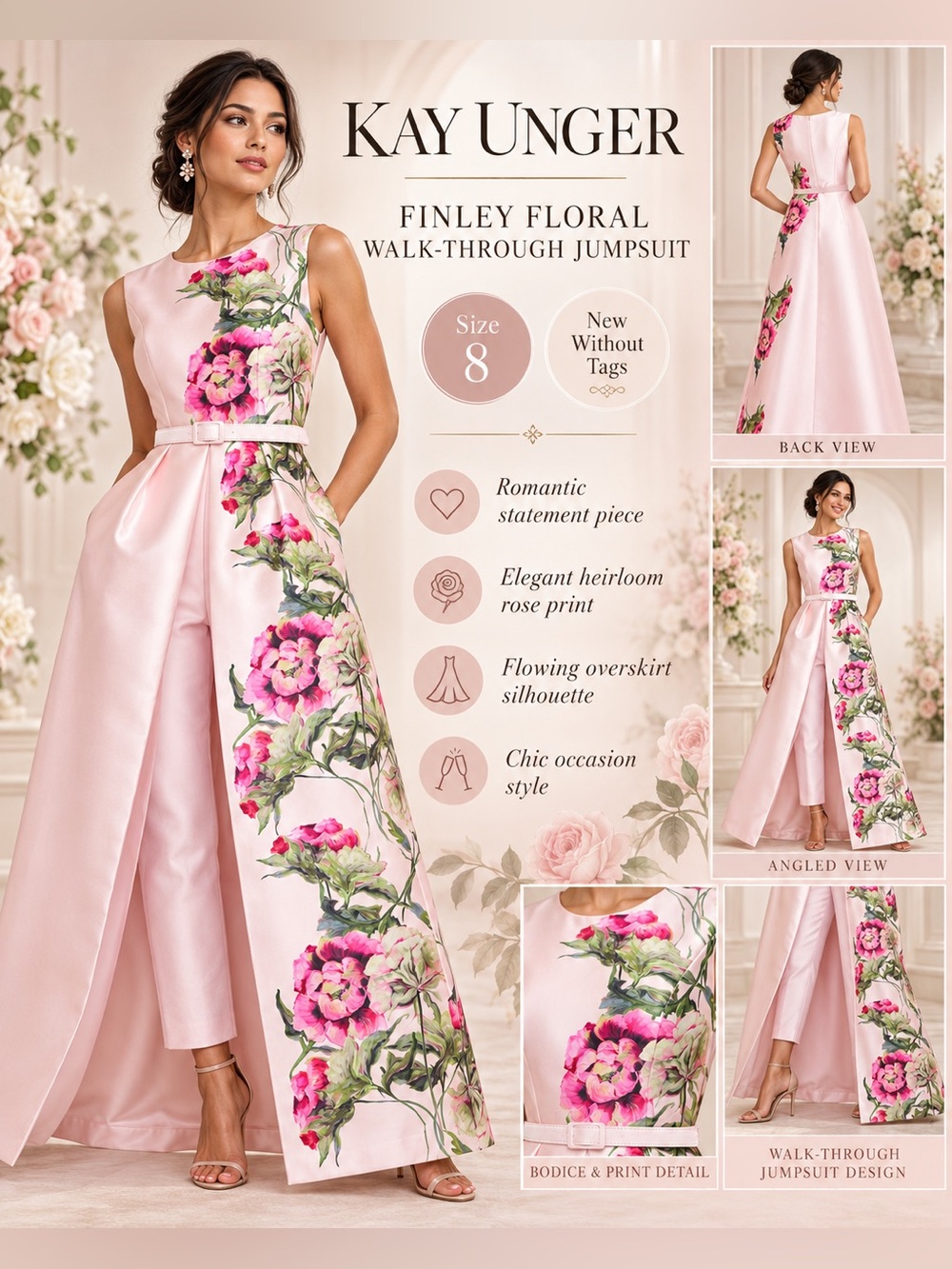 Kay Unger Finley Floral Walk-Through Jumpsuit Blush Pink Size 8 NWOT
